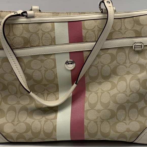 Coach Handbags - Coach Beige and Pink Signature Tote Bag